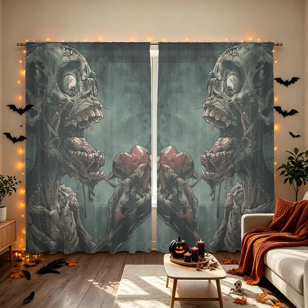 2Pcs Dark Zombie Double Head Print Rod Pocket Curtains, Blackout Privacy Window Curtains For Living Room Bedroom, Door Curtai
