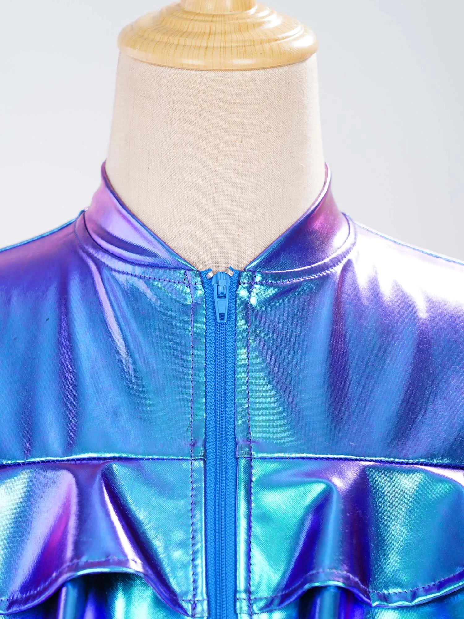 Kids Girls Metallic Hip-hop Jazz Dance Vest Waistcoat Ruffled Zipper Sleeveless Jacket And Pockets for Halloween Disco Costume