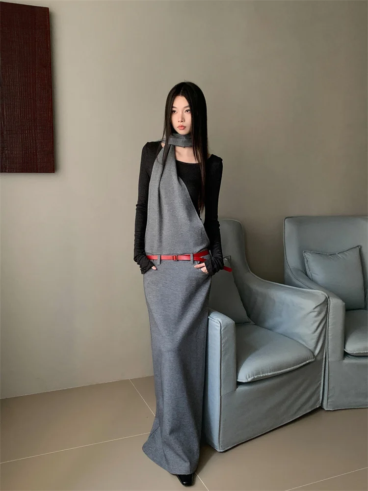 CHEERART Wasteland Designer Lange Jurken 2024 Vrouwen Winter Herfst Lange Mouw Maxi Jurk Grijs Kaki Gebreide Jurk Herfst Kleding