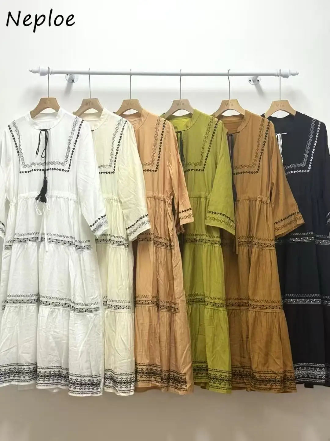 

Neploe Europe Small Fragrance Casual Panelled Dress Big Swing Lace Up Trendy Harajuku Vintage Robe Slim Mid-length Moda Vestidos