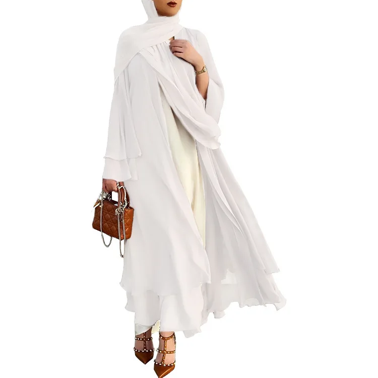 Women's Middle East Saudi cardigan robe, double layered chiffon long sleeved Muslim robe