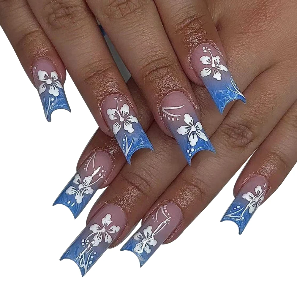 24pcs Medium Coffin Blue Full Cover Fake Nail Set Floral Press On Nails Sakura Design Nail charms Flower For Girl  Women Gift