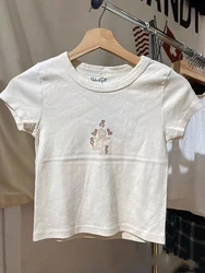 Bear with Angel Baby Beige Crop Top Summer Cotton O-Neck Short Sleeve Slim Tees Casual Streetwear Y2k Tank Tops Woman Clothes