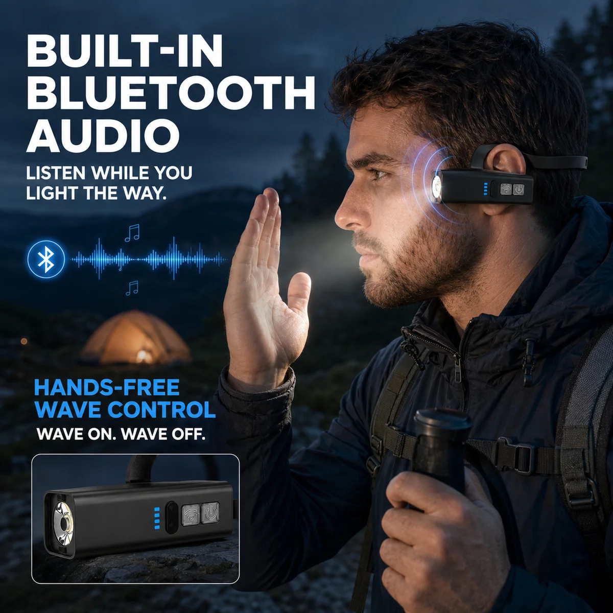 Rechargeable Clip-On Work Light Ear Hook LED Headlamp with Wave Sensor Hands-Free Lamp for Night Hiking Camping Repair Cycling