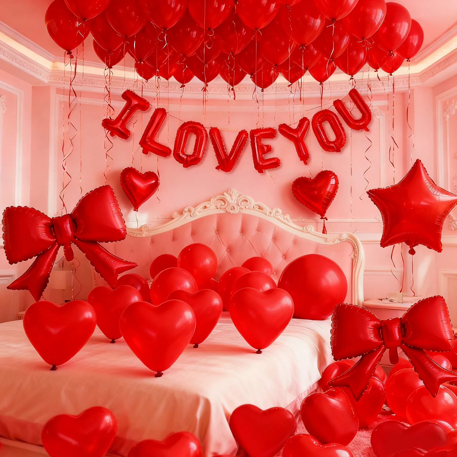 57-teiliges Ballon-Set „I LOVE YOU“ mit roter Schleife, Stern, Aluminium-Ballon, Valentinstag, Hochzeit, Jahrestag, Geburtstag, Party-Dekoration
