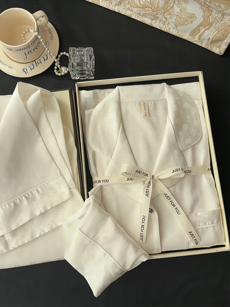 2025 Autumn New Dark Pattern Jacquard Ice Silk Long-sleeved Pajama Set Casual Comfortable Skin-friendly Outdoor Loungewear Women