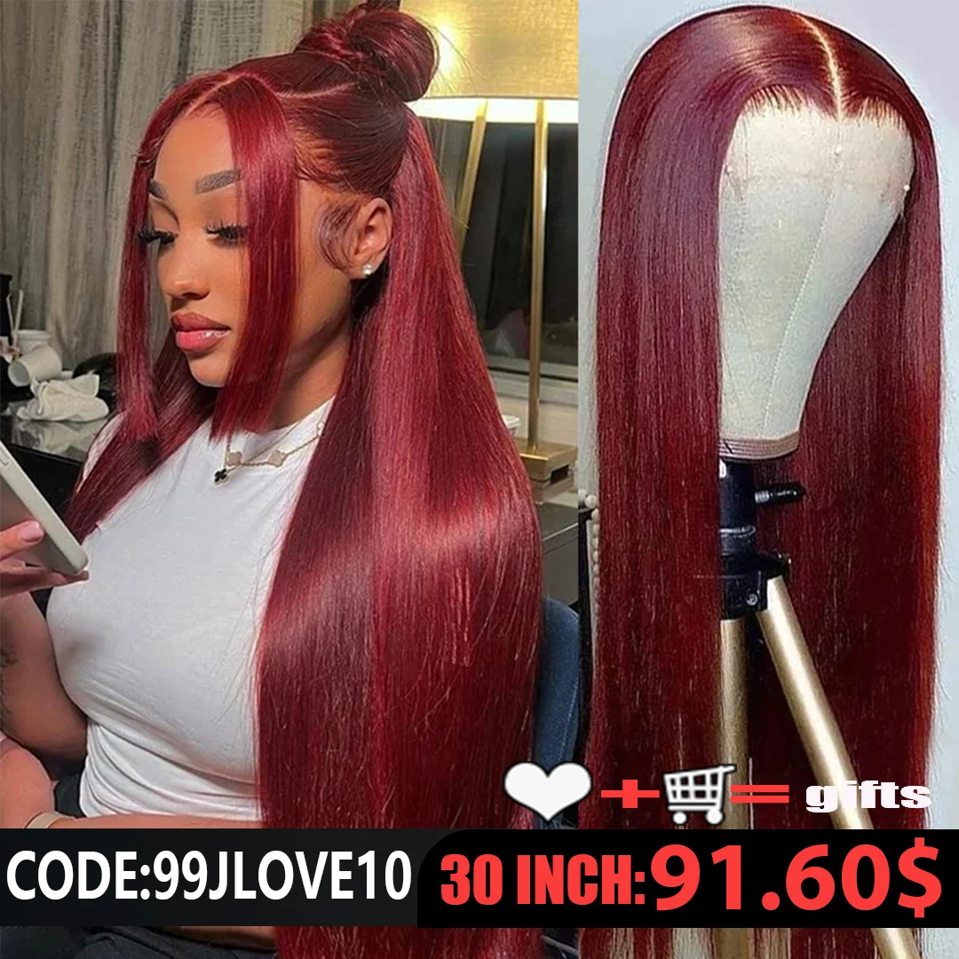 Red Lace Front Human Hair Wigs 99J Burgundy Straight Human Hair Wig 13x4 Lace Frontal Colored Human Hair Wig Preplucked Hairline