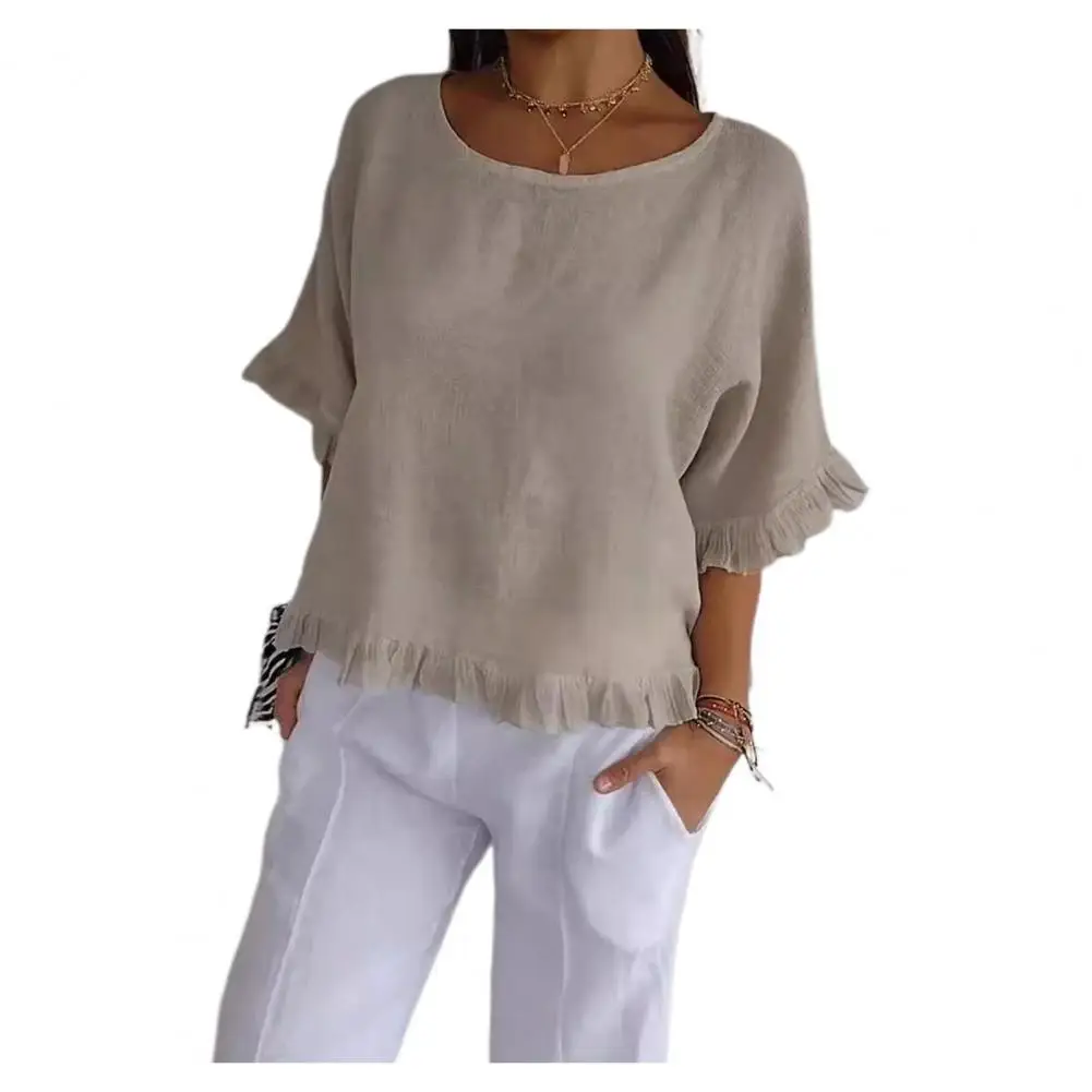 Women Sleeve Top Solid Color Blouse Stylish Women's T-shirts with Ruffle Detailing Loose Fit for Everyday Wear Comfortable