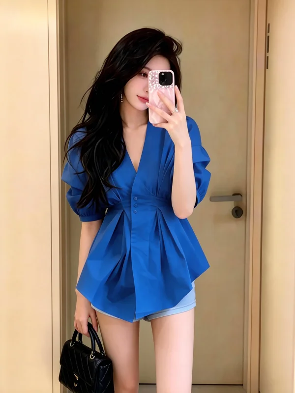 

Klein Blue Korean Style Elegant Long Sleeve Shirt Women's Fashionable Versatile Top Summer Stylish Match All Clamp Shirt