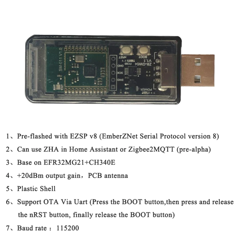 Mini Open Source Hub Gateway, Dongle USB, Módulo Chip, Silicone, Zigbee 3.0 Labs, EFR32MG21, Universal, 1 Pc