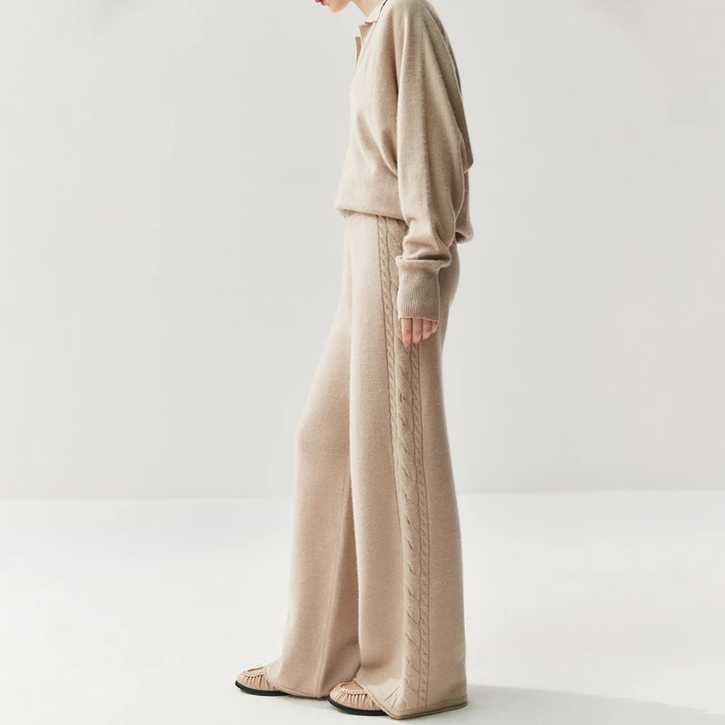 

100% Cashmere Elastic Waist Side Cable-Knit Wide-Leg Loose Versatile Bottoms Fashionable Soft Women Autumn Winter Knitted Pants