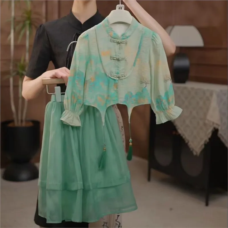 

Girls' Spring/Autumn Top and Skirt 2-piece Set Children's 2026 New Tang Style Set Children's New Chinese Printed Hanfu Set LJ292