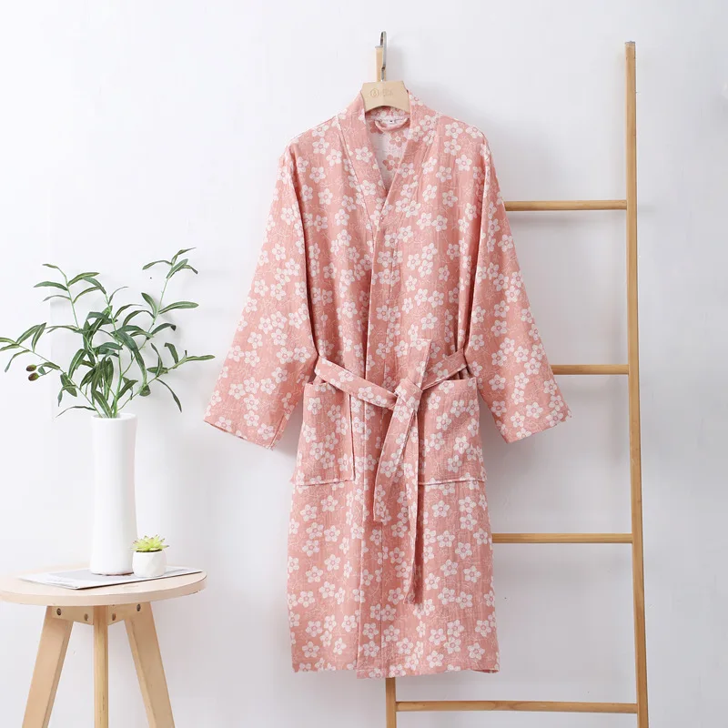 Lady's Bathroom Robe Printed Nightgown Women Cotton Double-Layer Gauze Comfortable Cardigan