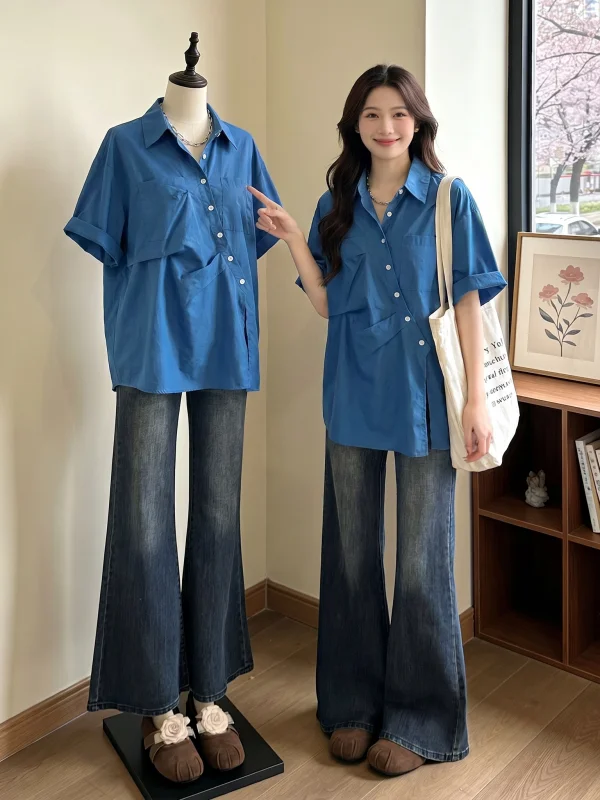 

Klein Blue V-Neck Short Sleeve Shirt Women's Loose Fit Korean Style Commute Wind Mid-Length Asymmetrical Top Summer New Arriv...