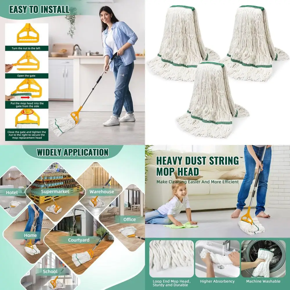 

3-Pack Heavy-Duty Industrial Cotton Looped Mop Heads, 20oz Replacement for Home, Garage, Office, and Kitchen Use, White