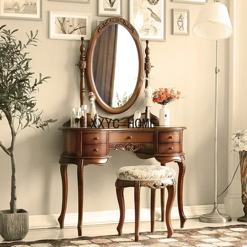 European Solid Wood Mirror Table Bedroom Dresser Amercia Princess Furniture Dark Villa Luxury Carved Makeup Table Dressing Table