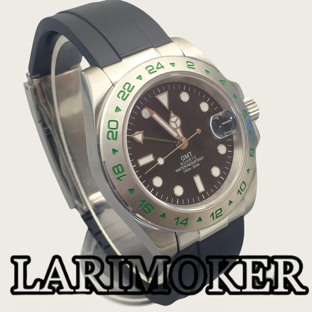 LARIMOKER 40mm Rhonda 515-24H GMT Men\'s Watch 24Hours SilverFixed Bezel With Green Number Sapphire Crystal Green Luminous Date