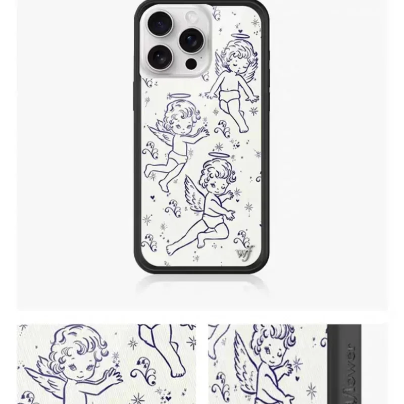 Peinture de fleurs sauvages mignon dessin animé filles chérubins ange cupidon fleur coque de téléphone pour iPhone 12 13 14 15 16 17Pro Max wf amoureux couverture
