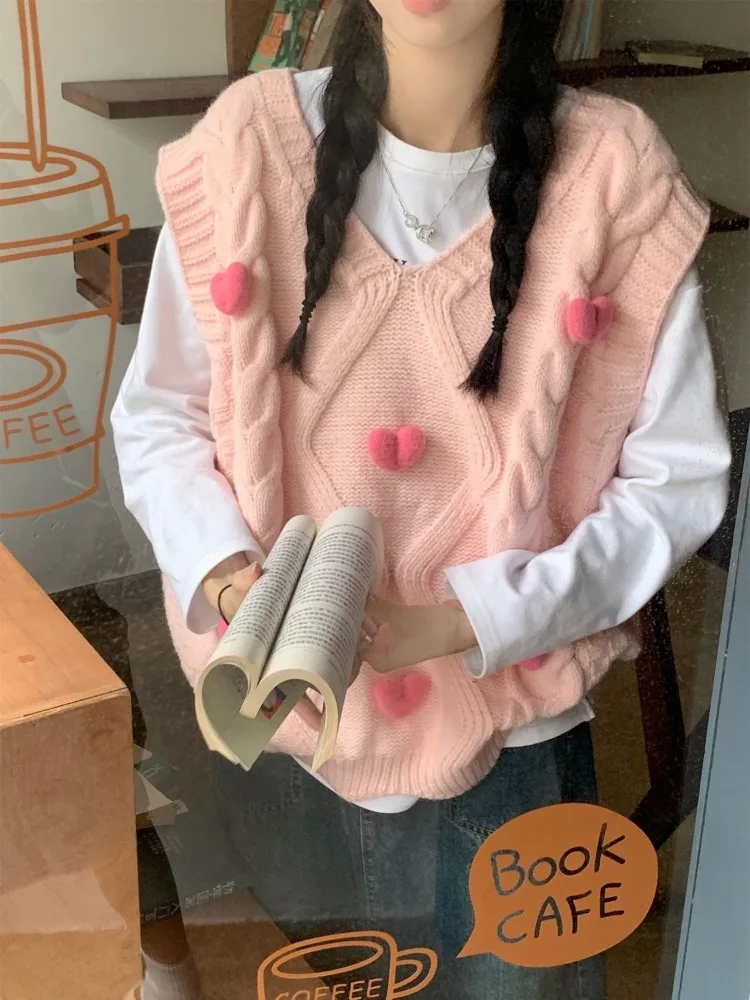 Kimotimo Sweet 3D Heart Knitted Vest Women 2024 Autumn Pink V Neck Loose Sleeveless Sweater Korean Chic All Match Y2k Pullover