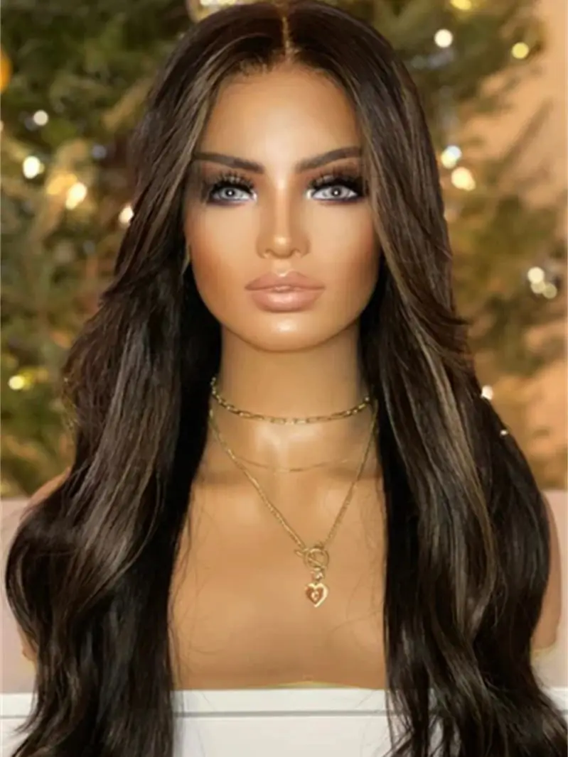 

Ombre Dark Brown Highlights Glueless Wigs High Quality Wig fir Black Women Daily Party Cosplay Wig 28 Inch Super Long Wave Wig