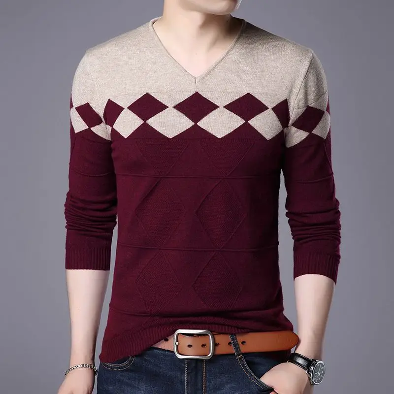 Autumn Winter New Men V-neck Pullover Sweaters Plaid Casual Korean Clothing Tees Fashion Slim Long Sleeve Bottoming Knitted Tops