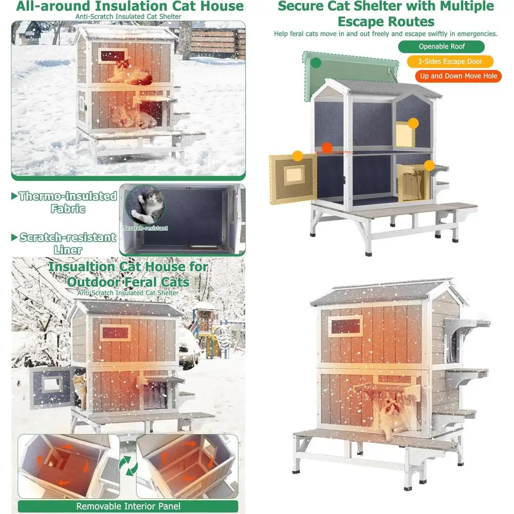 

Insulated Outdoor Cat House for 2-3 Cats with Balcony, Openable Roof, and Elevated Base for Winter Warmth