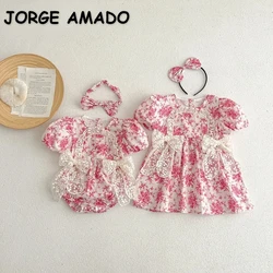 New Summer Family Matching Outfits Baby Girl One-piece Short Sleeved Lace Bow Bodysuit/Floral Dress Sisters Twins Clothing H4413