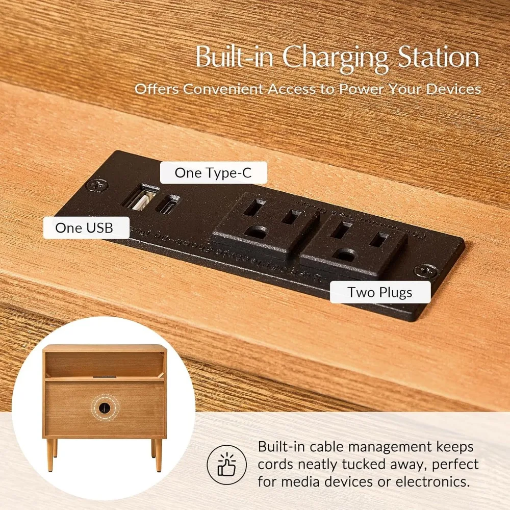 منضدة خشبية معاصرة ذات 3 أدراج مع محطة شحن وأقدام قابلة للتعديل