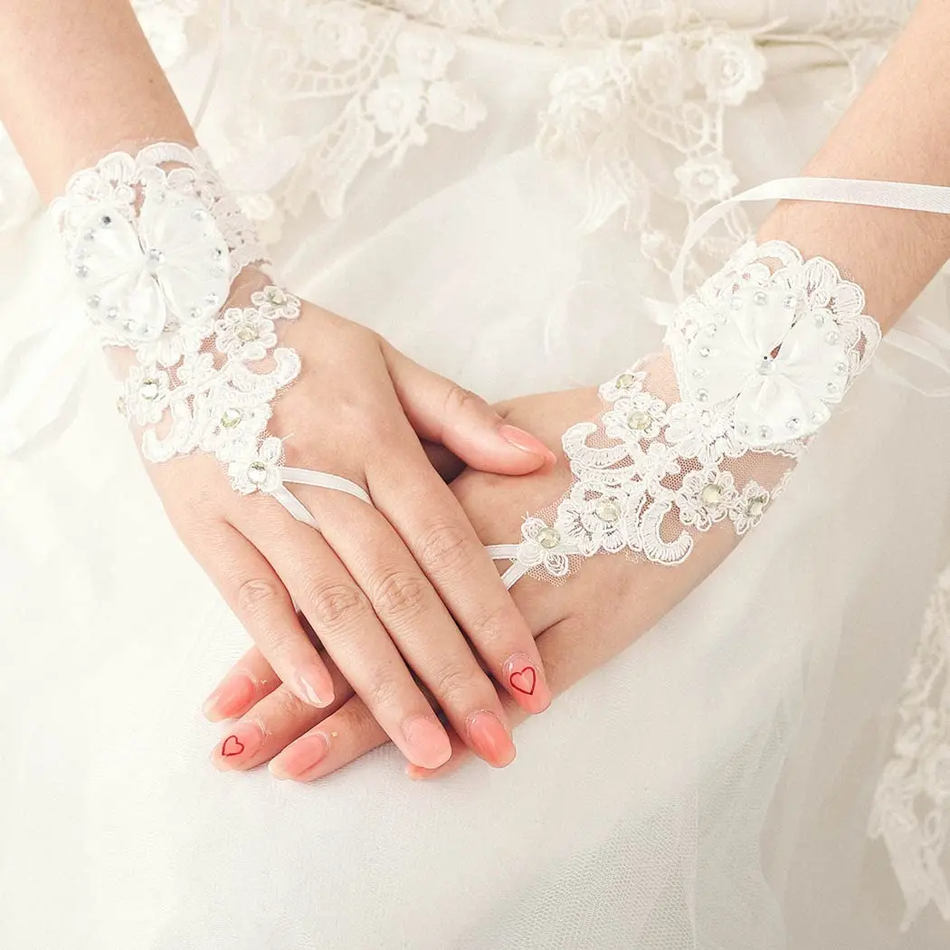 Guantes de encaje blanco para mujer, manoplas cortas sin dedos para boda y novia, gran oferta