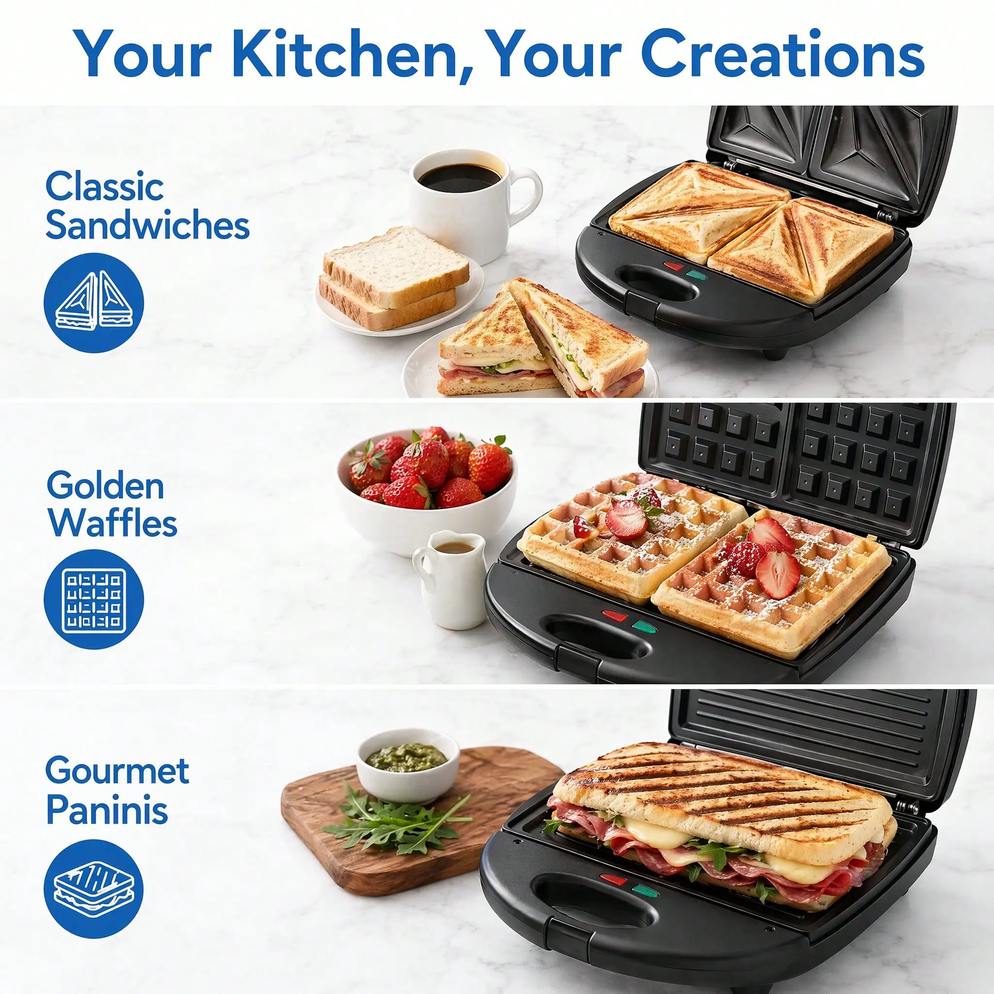 3-In-1 Sandwich Maker, Panini Press & Waffle Iron 750W, Removable Nonstick Plates, Dual LED Indicators, Cool-Touch Locking Handle, Easy Clean, For Grilled Cheese, Steak, Breakfast Toast,304 Stainless Steel, Black