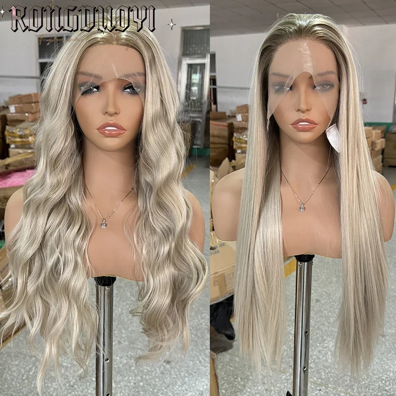 Ombre Brown Blonde Synthetic Lace Frontal Wigs Natural Wave Hair Long Straight Cosplay Wigs For Women Lace Blonde Wig Daily