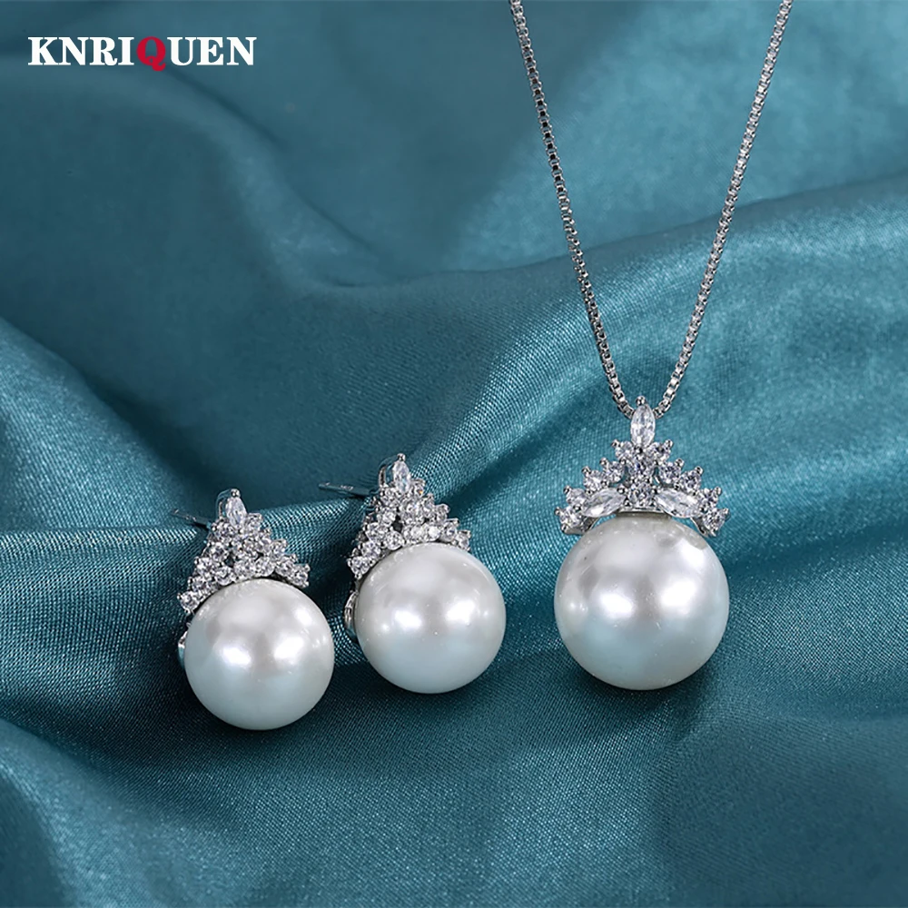 Charms 12-14mm White Black Big Pearl Lab Diamond Pendant Necklace Earrings for Women Wedding Party Jewelry Set Anniversary Gift