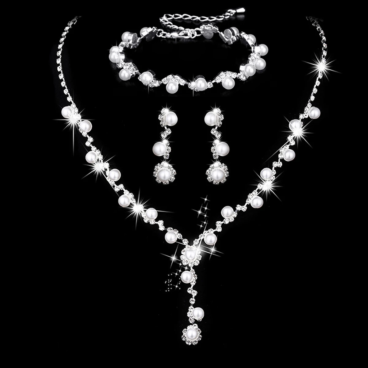 4 pcs bridal jewelry set, rhinestone pearl necklace, earrings, bracelets, dinner dress accessories