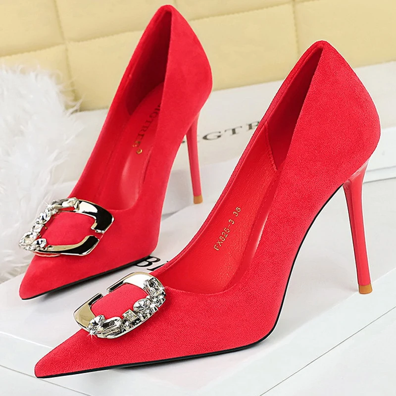 BIGTREE Shoes Metal Rhinestone Belt Buckle Women Pumps Suede High Heels Luxury Banquet Shoes Sexy Party Shoes Women Stilettos