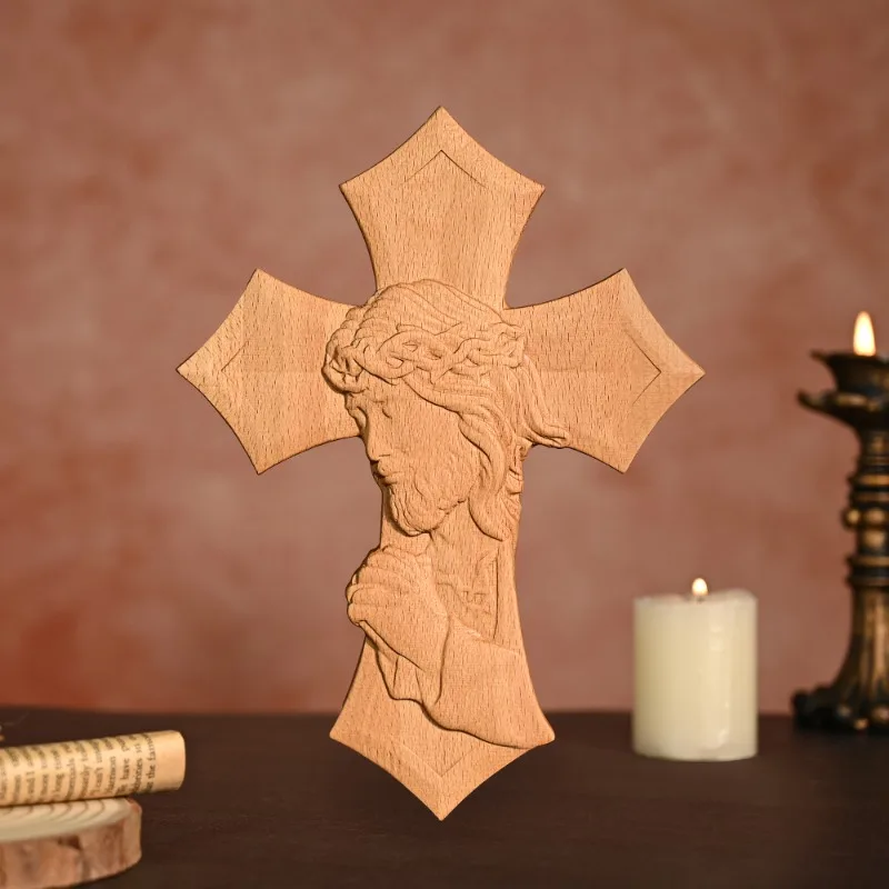 Religious Wooden Cross Hand-Carved Christian Jesus Praying Wall Wooden Sculpture for Home view 2