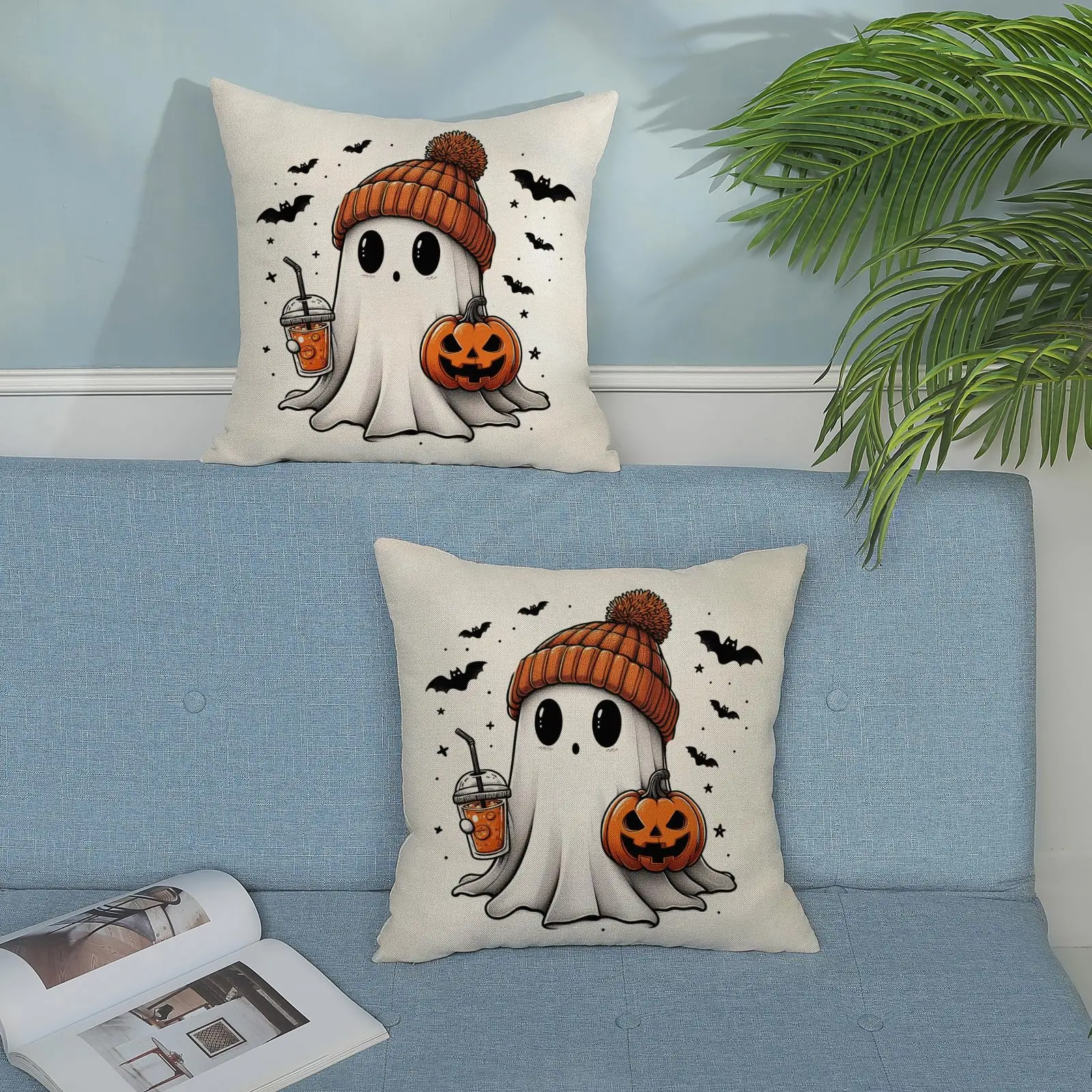 Halloween Pillow Covers Set of 2 Pumpkin Black Bats Cute Ghost Throw Pillow Covers Linen Pillowcase for Home Couch Sofa Decor