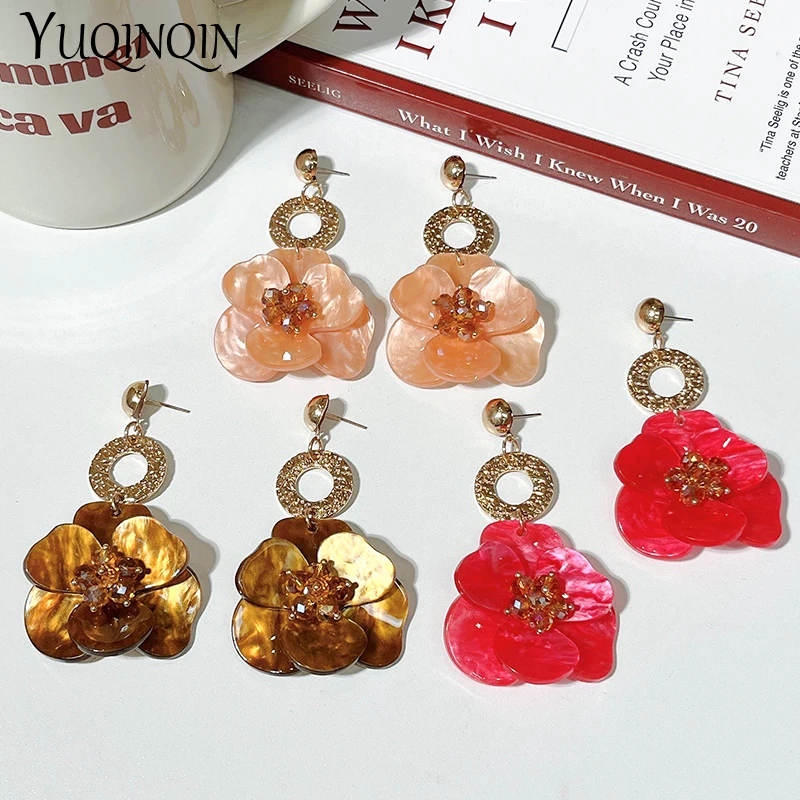 Trendy Acrylic Flower Drop Earrings for Women New Metal Resin Long Dangling Earrings Fashion Jewelry Statement Korean Brincos