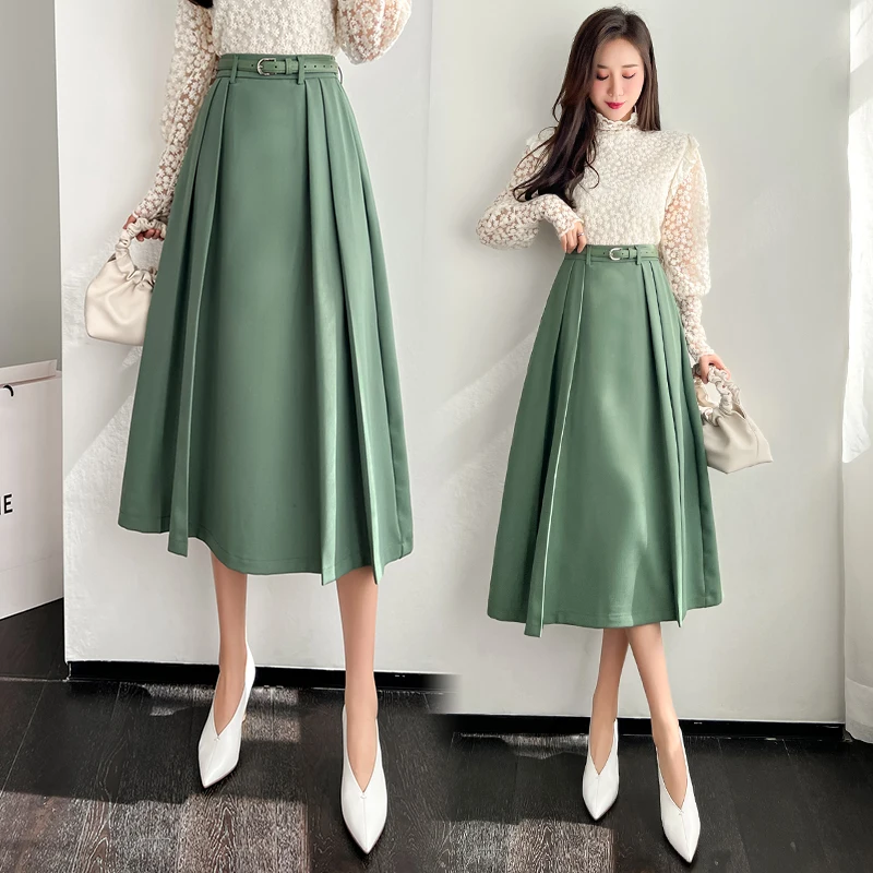 Skirts Womens 2022 Spring and Summer New High-waisted A-line Large Swing Skirt Waist Belt Pleated Suits Mid-length Long Skirt