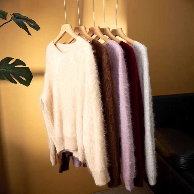 

% кашемировый свитер, женский бесшовный начесный вязаный кашемировый свитер с круглым вырезом, универсальный пуловер, свободный крой, осень