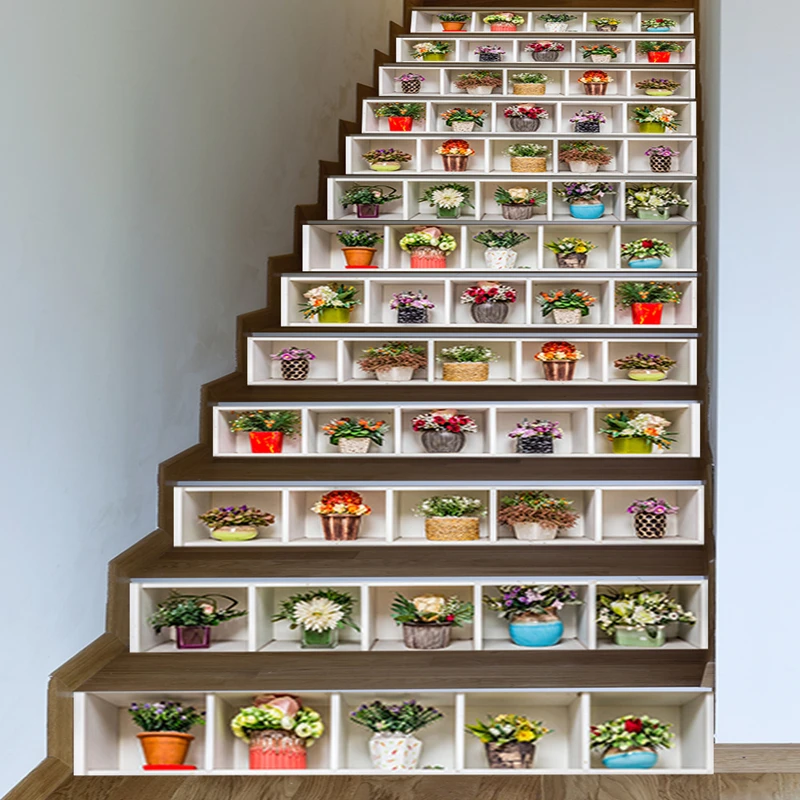 ديكور المنزل المشهد درج ملصقات شعرية بوعاء الزهور النباتات الفينيل جدارية للغرف الجمالية درج خطوات للإزالة #4