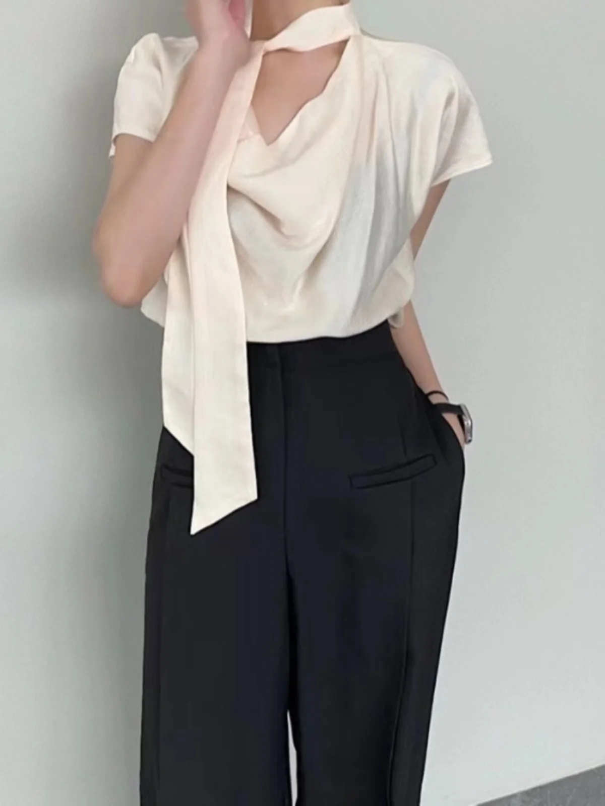 E Csa de Manga Corta con Lazo Asimétrico para Mujer, Estilo Profesional para el Trabajo, Estilo Nuevo de Verano, Cu...