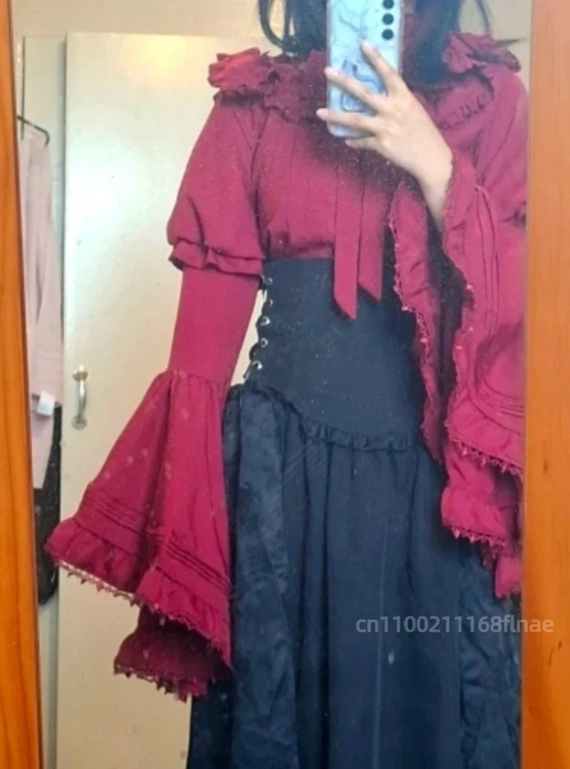 European Dress, Dark Gothic Style Lolita Shirt, Fishbone Half Skirt, Silk Sleeve Set, Lolita Elegant and Gorgeous Two-piece Set