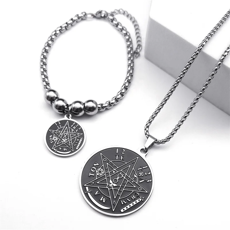 Set di gioielli in acciaio inossidabile pentagramma di stregoneria Tetragrammaton Guardian Star Rune salomone collana orecchini braccialetto gioielli