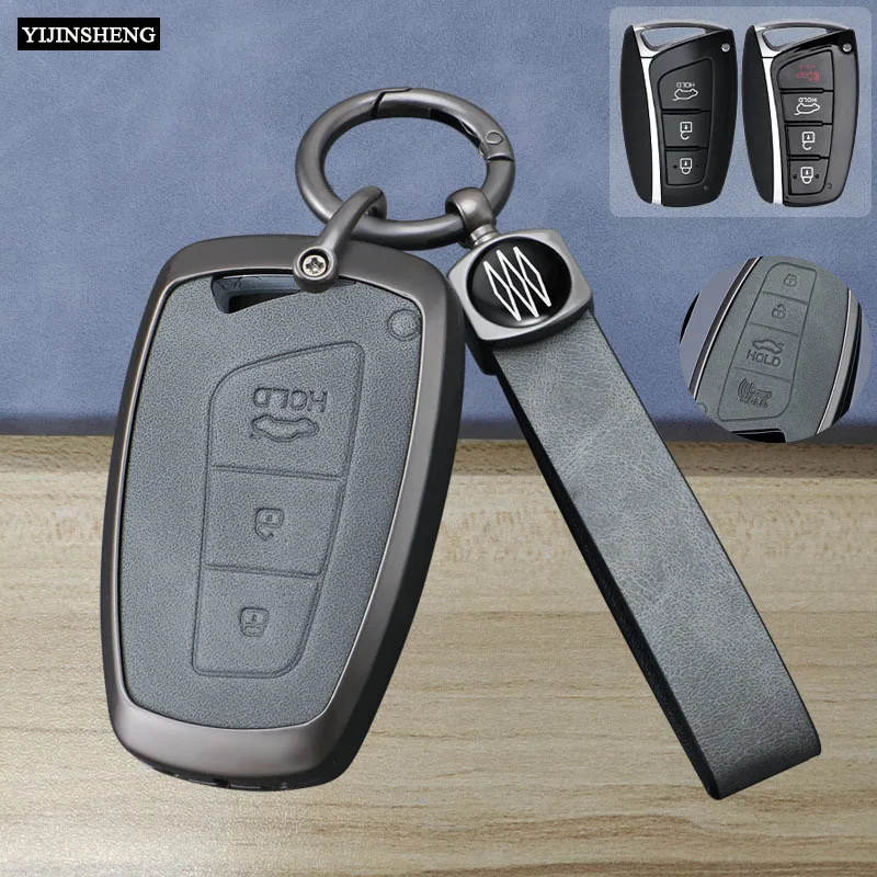 

Zinc Alloy + Leather Car Key Case Cover For Hyundai Grand Santa Fe 3 DM Ix45 Ix35 Genesis DH Grandeur Azera HG Equus 2013 - 2016