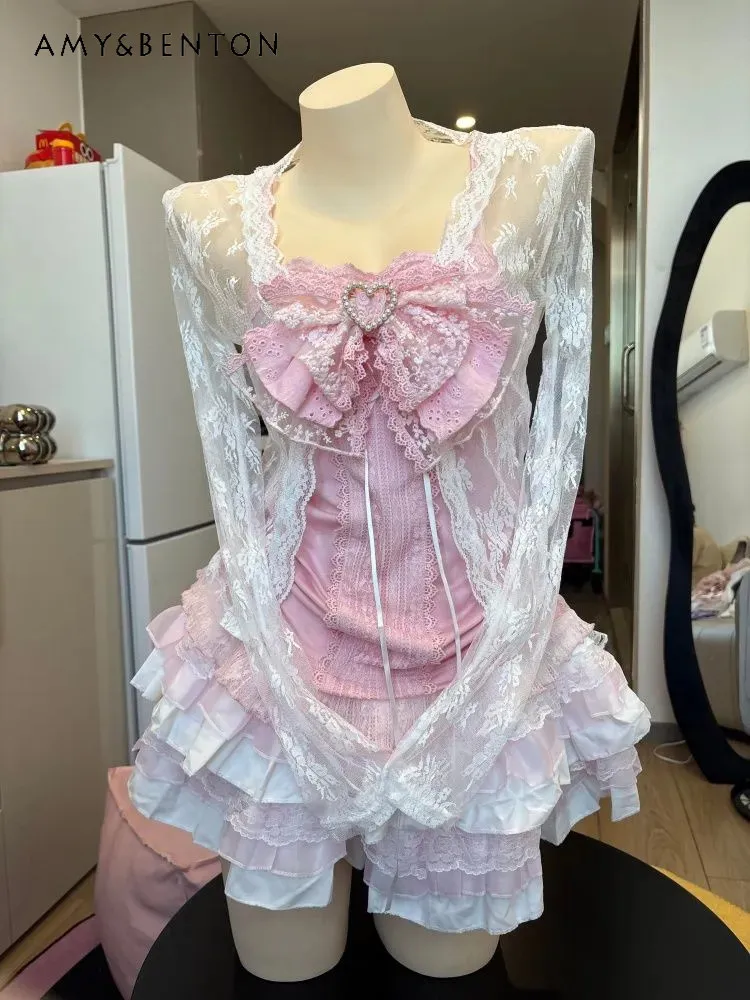 

2026 Summer New Women's Japanese Retro Style White Lace Cardigan Pink Bow Camisole Sling Top Short Skirt 3 Piece Set