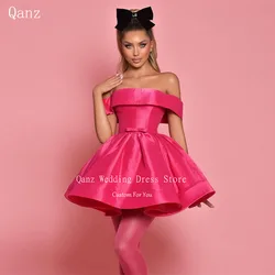 Qanz Fuchsia Short Evening Gowns With Belt Elegant Satin Above Knee Vestidos De Gala Arabic Women Formal Prom Dresses Customized