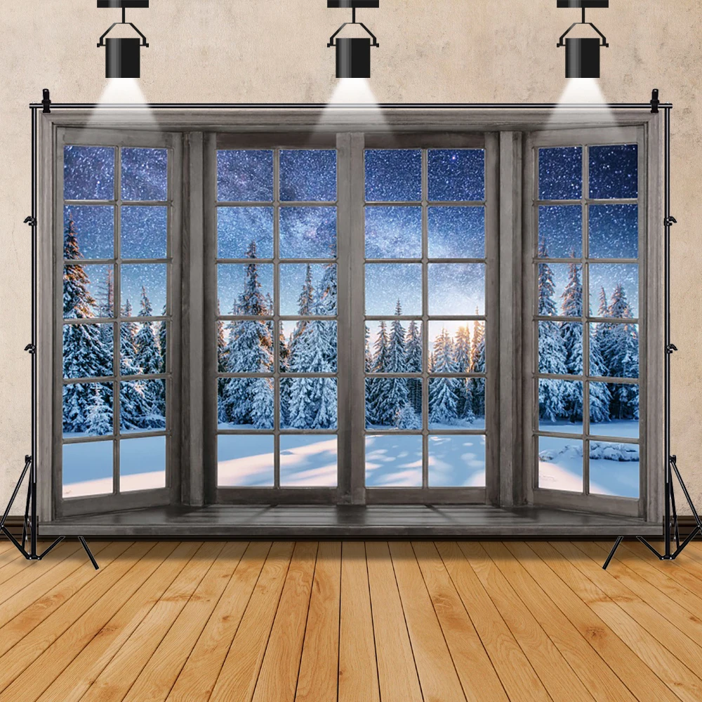 Laeacco зимний пейзаж окно фотография Фон Рождество Снег Деревья Звездный пейзаж ребенок дети день рождения Портрет фон