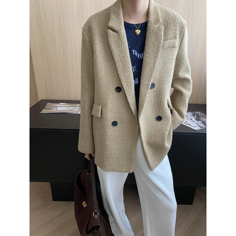 高品質ヴィンテージツイードレジャースーツコート女性の秋と冬のファッションルーズカーキベーシックオフィスレディフレンチコート
