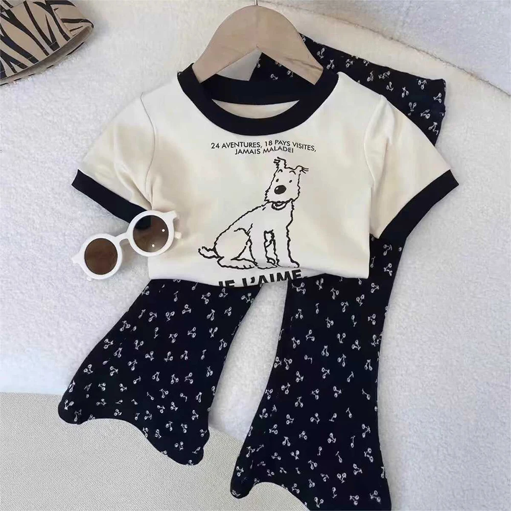 Baby Girls Clothes Sets Summer Cartoon Short Sleeve Kids T-shirt+Cherry Print Flare Pants 2Pcs Casual Children Clothing Suit