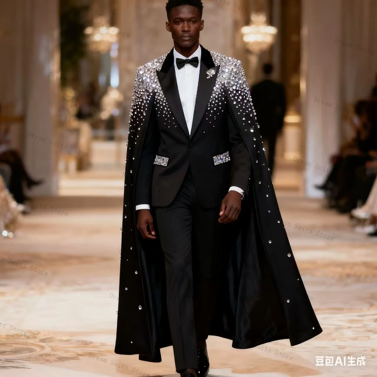 

Black Wrap Men Suit Set 2 Piece Crystals Blazer+Pants Trousers Customized Formal Business Office Jacket Wedding Tuxedos Coat